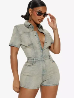 Jumpsuits Light Sky Blue Turndown Collar Short Sleeves Denim Summer One Piece Outfit