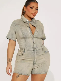 Jumpsuits Light Sky Blue Turndown Collar Short Sleeves Denim Summer One Piece Outfit