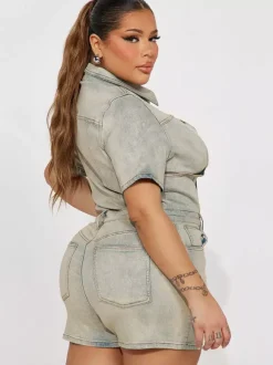 Jumpsuits Light Sky Blue Turndown Collar Short Sleeves Denim Summer One Piece Outfit