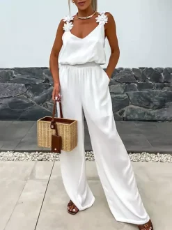 Jumpsuits Olive V-Neck Sleeveless Spaghetti Straps Polyester Straight Summer One Piece Outfit