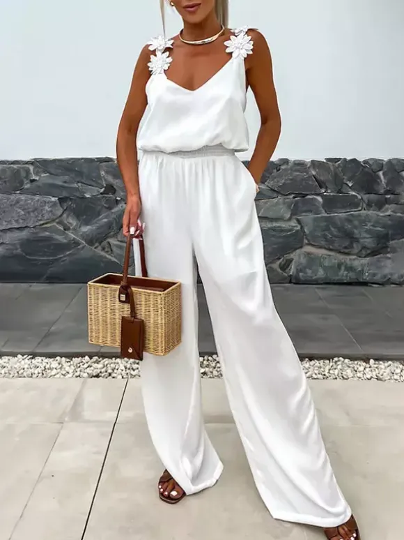 Jumpsuits Olive V-Neck Sleeveless Spaghetti Straps Polyester Straight Summer One Piece Outfit