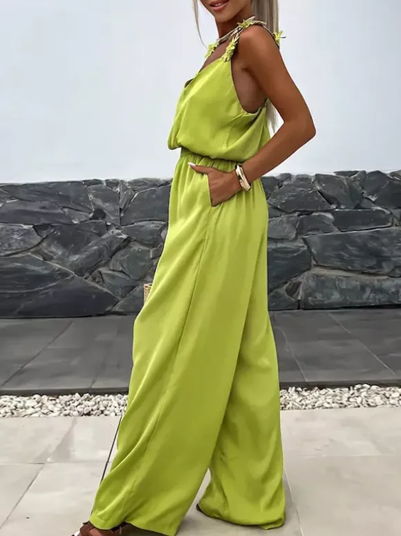 Jumpsuits Olive V-Neck Sleeveless Spaghetti Straps Polyester Straight Summer One Piece Outfit