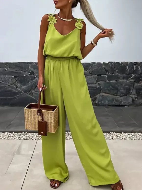 Jumpsuits Olive V-Neck Sleeveless Spaghetti Straps Polyester Straight Summer One Piece Outfit