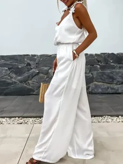Jumpsuits Olive V-Neck Sleeveless Spaghetti Straps Polyester Straight Summer One Piece Outfit