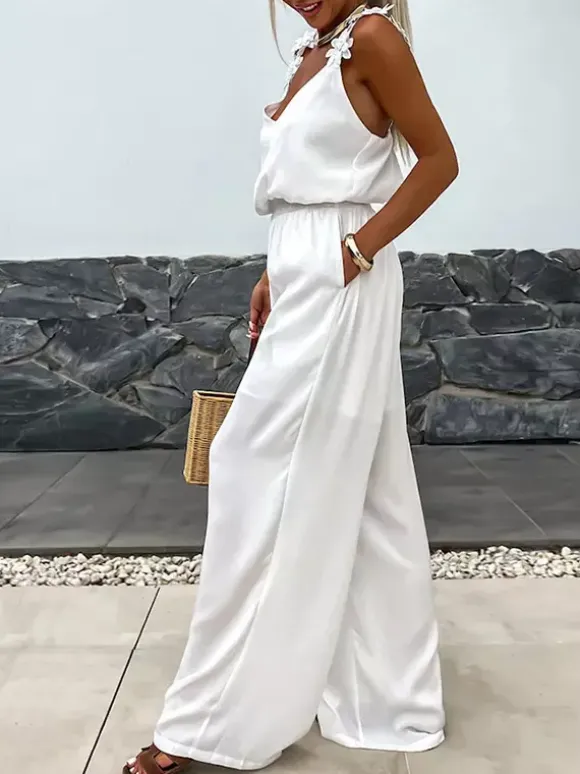 Jumpsuits Olive V-Neck Sleeveless Spaghetti Straps Polyester Straight Summer One Piece Outfit