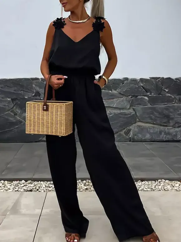 Jumpsuits Olive V-Neck Sleeveless Spaghetti Straps Polyester Straight Summer One Piece Outfit