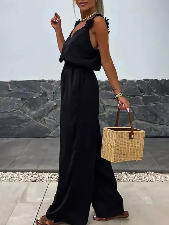 Jumpsuits Olive V-Neck Sleeveless Spaghetti Straps Polyester Straight Summer One Piece Outfit