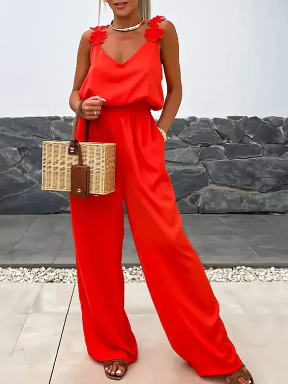 Jumpsuits Olive V-Neck Sleeveless Spaghetti Straps Polyester Straight Summer One Piece Outfit