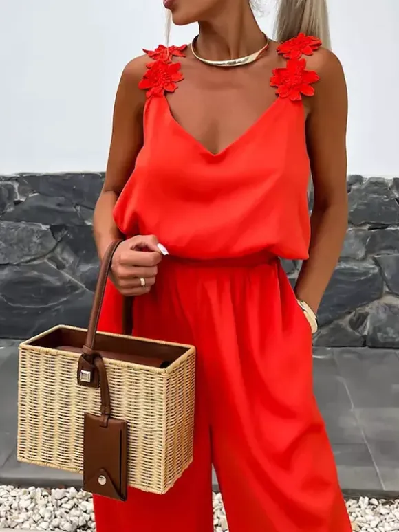Jumpsuits Olive V-Neck Sleeveless Spaghetti Straps Polyester Straight Summer One Piece Outfit