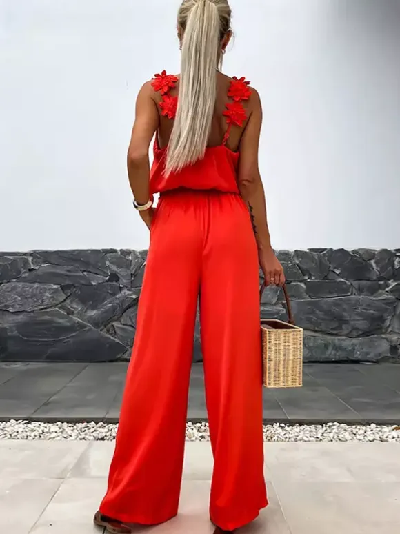 Jumpsuits Olive V-Neck Sleeveless Spaghetti Straps Polyester Straight Summer One Piece Outfit