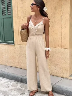 Jumpsuit Spaghetti Straps V Neck Fringe Crochet Lace Waist Elastic Back Wide Leg Casual Playsuit