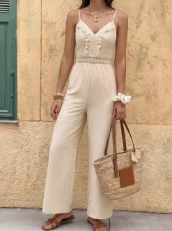 Jumpsuit Spaghetti Straps V Neck Fringe Crochet Lace Waist Elastic Back Wide Leg Casual Playsuit