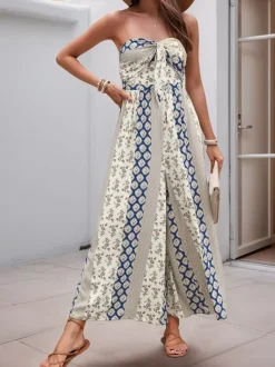 Jumpsuits Printed Strapless Sleeveless Lace Up Strapless Straight Summer One Piece Outfit