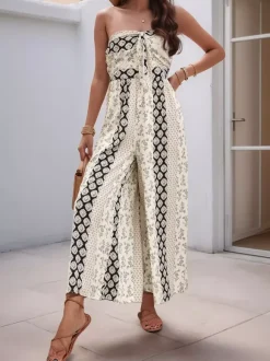Jumpsuits Printed Strapless Sleeveless Lace Up Strapless Straight Summer One Piece Outfit