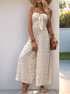 Jumpsuits Printed Strapless Sleeveless Lace Up Strapless Straight Summer One Piece Outfit