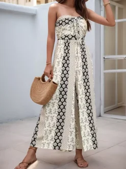 Jumpsuits Printed Strapless Sleeveless Lace Up Strapless Straight Summer One Piece Outfit