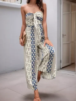 Jumpsuits Printed Strapless Sleeveless Lace Up Strapless Straight Summer One Piece Outfit