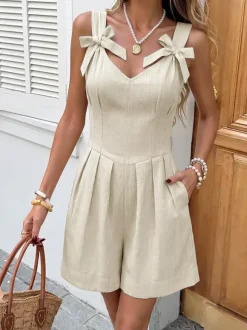 Jumpsuit Vacation Romper V Neck Shoulder Bow Straps Pleated Short High Waist Pleated Pocket Jumpsuit