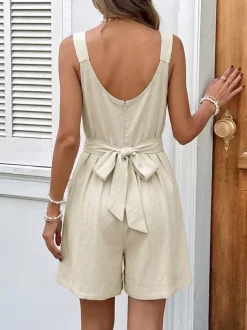 Jumpsuit Vacation Romper V Neck Shoulder Bow Straps Pleated Short High Waist Pleated Pocket Jumpsuit
