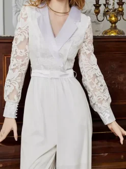 Jumpsuit White Long Sleeves Lace High Waist Wide Leg Pants Bridal Party Romper