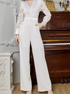 Jumpsuit White Long Sleeves Lace High Waist Wide Leg Pants Bridal Party Romper