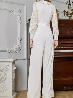 Jumpsuit White Long Sleeves Lace High Waist Wide Leg Pants Bridal Party Romper