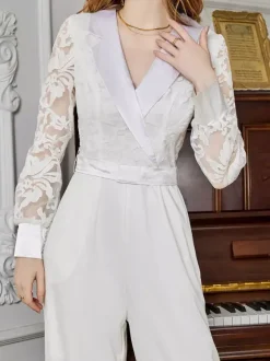 Jumpsuit White Long Sleeves Lace High Waist Wide Leg Pants Bridal Party Romper