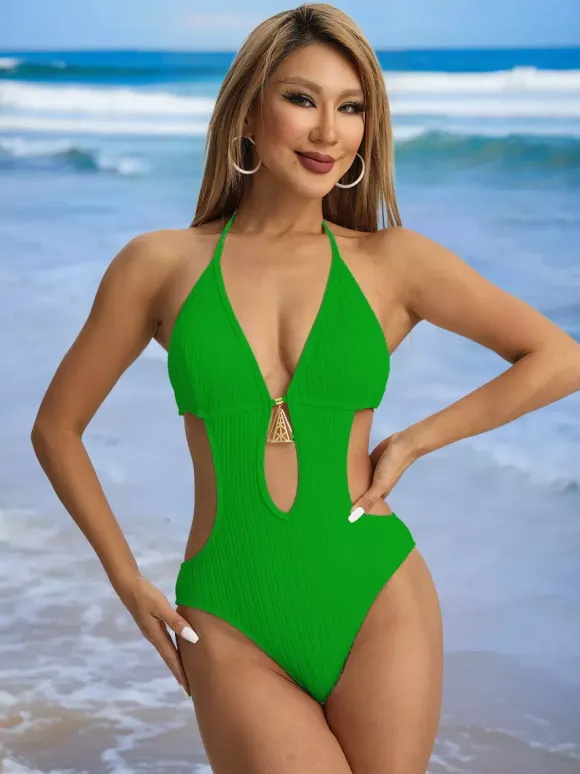 Keyhole Cut-Out Monokini Solid Color One-Piece Swimsuit For Summer 2026