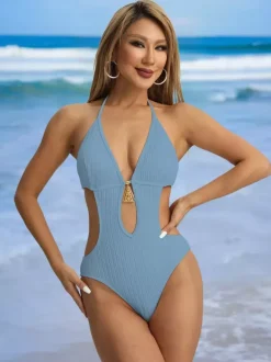 Keyhole Cut-Out Monokini Solid Color One-Piece Swimsuit For Summer 2026