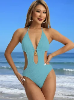Keyhole Cut-Out Monokini Solid Color One-Piece Swimsuit For Summer 2026