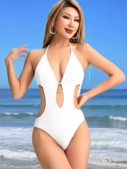 Keyhole Cut-Out Monokini Solid Color One-Piece Swimsuit For Summer 2026