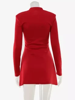 Keyhole Neck Mini Dress For Women - Red Elegant Padded Shoulder Long Sleeve Slim Fit Bodycon - Spring Date Night 2026