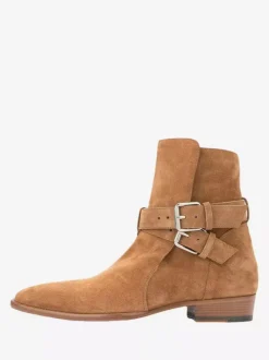 Khaki Ankle Boots Suede Leater Round Toe Buckle Detail Booties