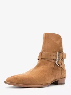 Khaki Ankle Boots Suede Leater Round Toe Buckle Detail Booties