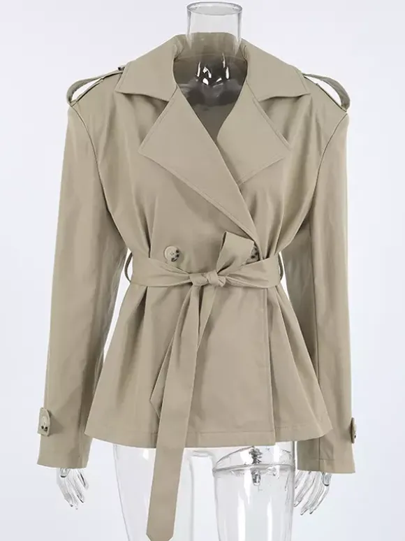 Khaki Belted Waist Women's Short Trench Coat - Chic Double Breasted Jacket - Old Money Spring Outfits 2026