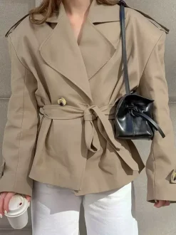 Khaki Belted Waist Women's Short Trench Coat - Chic Double Breasted Jacket - Old Money Spring Outfits 2026