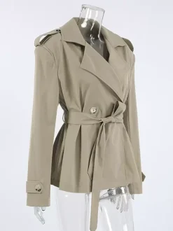 Khaki Belted Waist Women's Short Trench Coat - Chic Double Breasted Jacket - Old Money Spring Outfits 2026