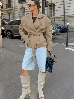 Khaki Belted Waist Women's Short Trench Coat - Chic Double Breasted Jacket - Old Money Spring Outfits 2026