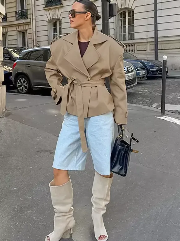 Khaki Belted Waist Women's Short Trench Coat - Chic Double Breasted Jacket - Old Money Spring Outfits 2026