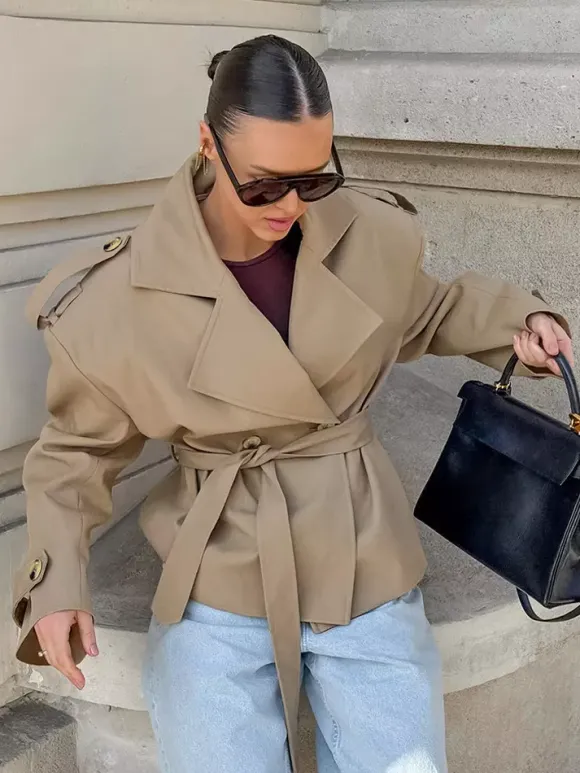 Khaki Belted Waist Women's Short Trench Coat - Chic Double Breasted Jacket - Old Money Spring Outfits 2026