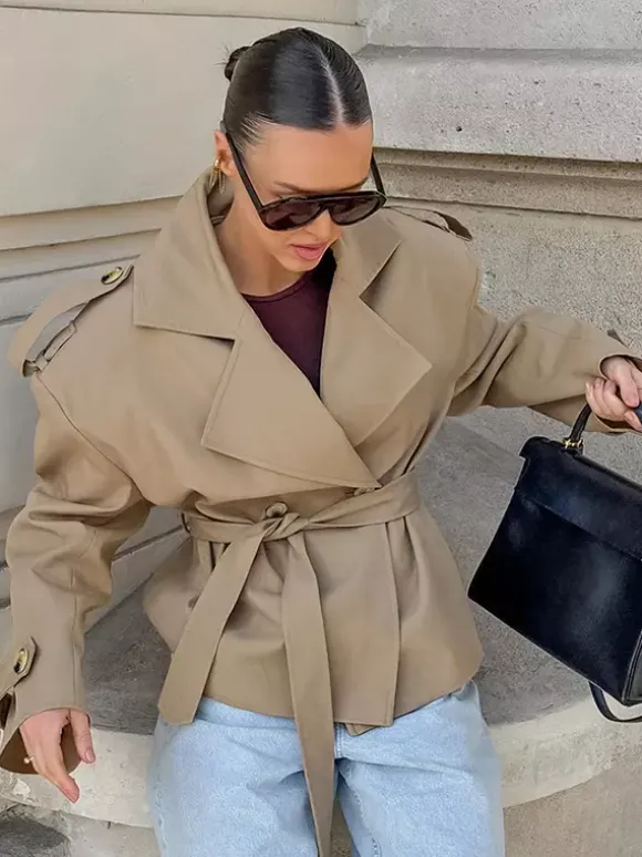 Khaki Belted Waist Women's Short Trench Coat - Chic Double Breasted Jacket - Old Money Spring Outfits 2026