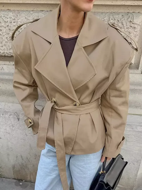 Khaki Belted Waist Women's Short Trench Coat - Chic Double Breasted Jacket - Old Money Spring Outfits 2026