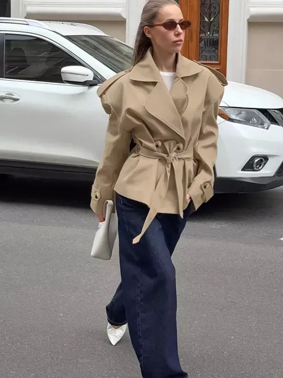 Khaki Belted Waist Women's Short Trench Coat - Chic Double Breasted Jacket - Old Money Spring Outfits 2026