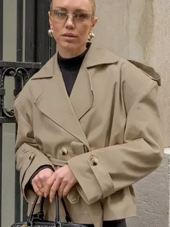 Khaki Belted Waist Women's Short Trench Coat - Chic Double Breasted Jacket - Old Money Spring Outfits 2026