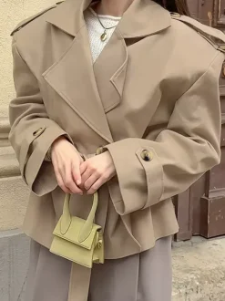 Khaki Belted Waist Women's Short Trench Coat - Chic Double Breasted Jacket - Old Money Spring Outfits 2026