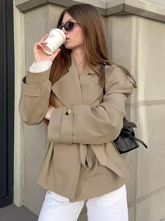 Khaki Belted Waist Women's Short Trench Coat - Chic Double Breasted Jacket - Old Money Spring Outfits 2026