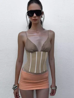 Khaki Cami Top Straps Neck Chic Shaping Camis For Women