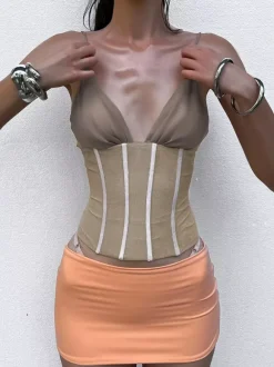 Khaki Cami Top Straps Neck Chic Shaping Camis For Women