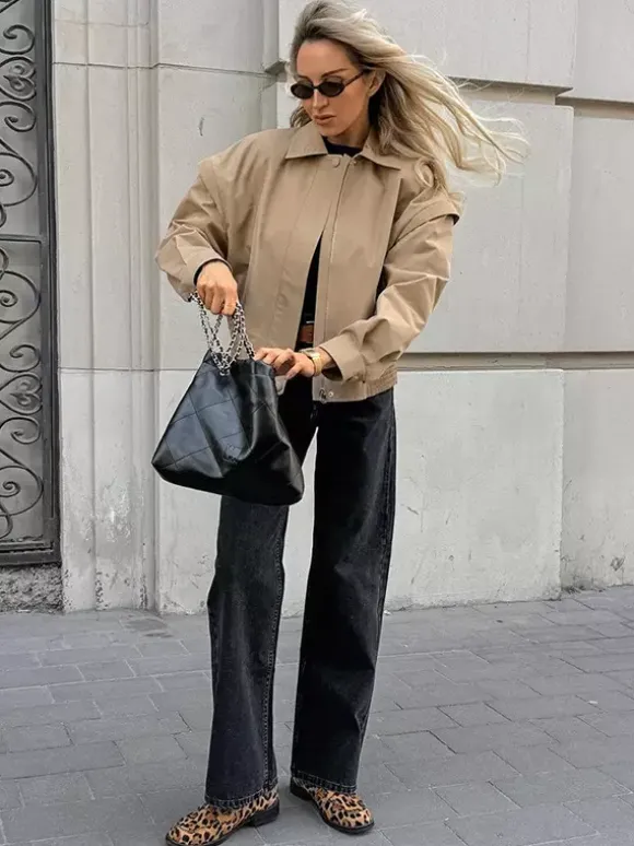 Khaki Lightweight Women's Bomber Jacket - Minimalist Collared Zip-Up Outerwear - Quiet Luxury Spring Casual Streetwear 2026