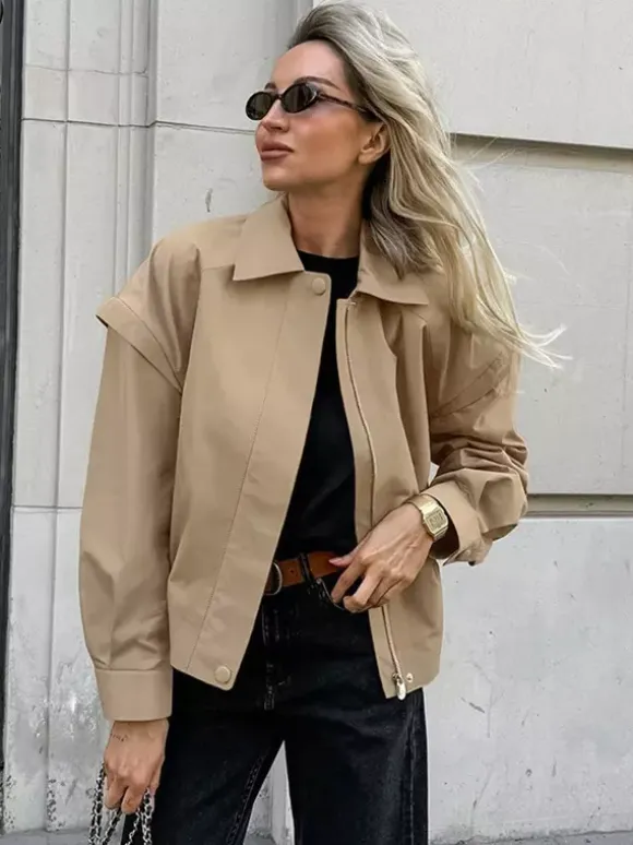 Khaki Lightweight Women's Bomber Jacket - Minimalist Collared Zip-Up Outerwear - Quiet Luxury Spring Casual Streetwear 2026